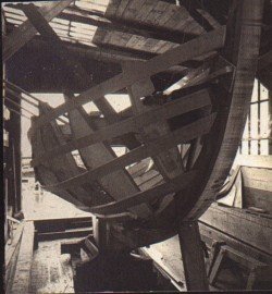 The hull of Pola under construction, showing oak frames and keel structure