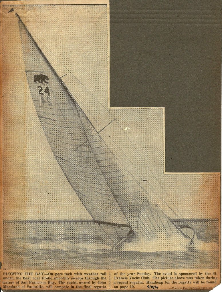 San Francisco Examiner clipping showing Frolic racing on San Francisco Bay, 1944